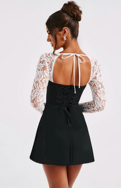 Lace Bell Sleeve Contrast Sweetheart Neck Tie Front Mini Dress