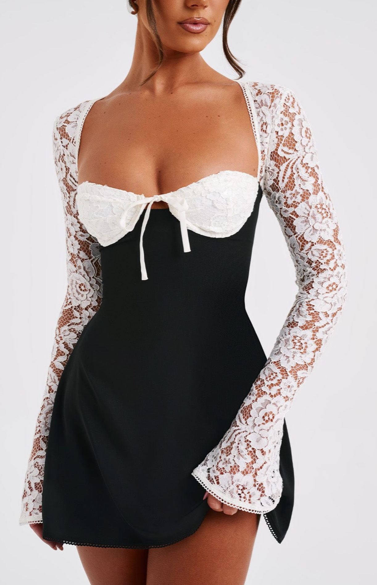 Lace Bell Sleeve Contrast Sweetheart Neck Tie Front Mini Dress