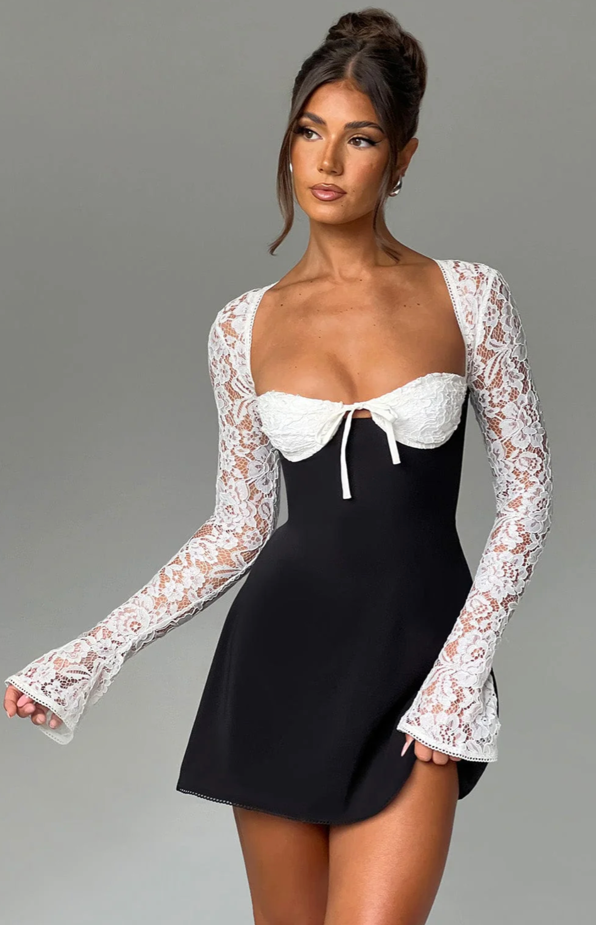 Lace Bell Sleeve Contrast Sweetheart Neck Tie Front Mini Dress
