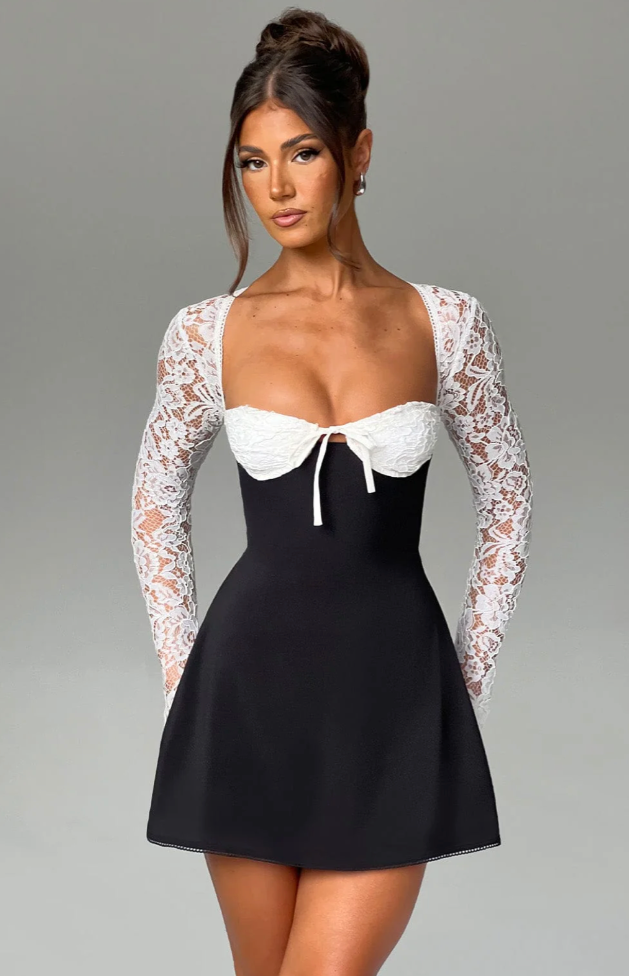 Lace Bell Sleeve Contrast Sweetheart Neck Tie Front Mini Dress