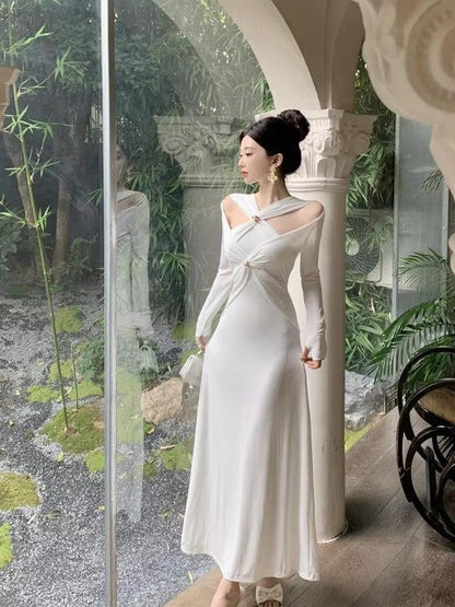 White Oblique Cutout Applique Maxi Dress