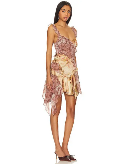 Asymmetric Floral Ruffle Print Short Dress