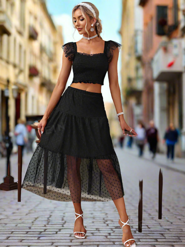 Black Mesh Cami Top & Skirt Coord Set