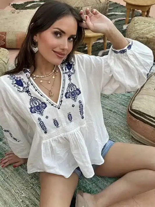 Embroidered V neck Mandrin Collar Top