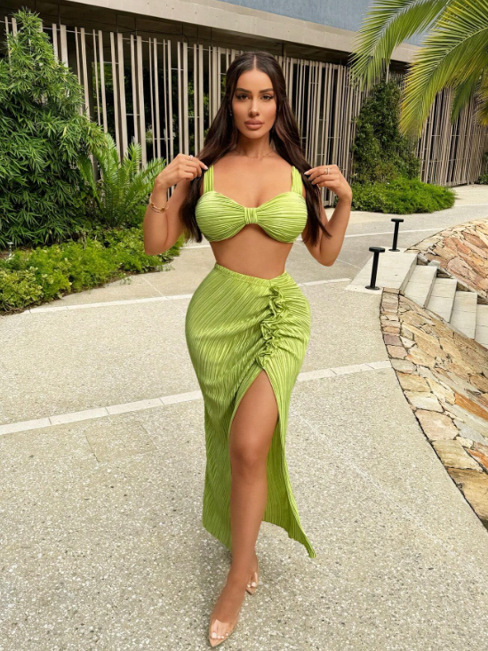 Pleated Cami Top & Ruched Slit Skirt Coord Set