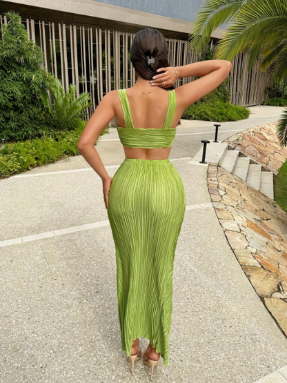 Pleated Cami Top & Ruched Slit Skirt Coord Set