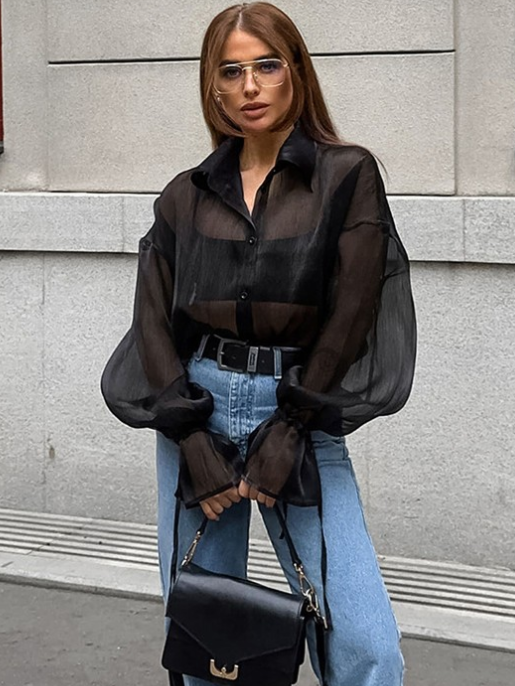 Bell Sleevees See Through Shirt With Attached Belt