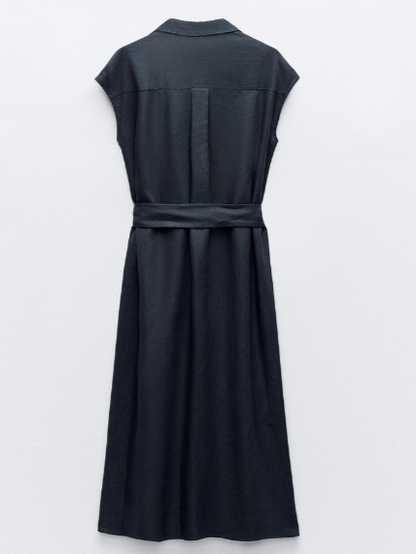 Sleeveless Pocket Shirt Dress With Belt