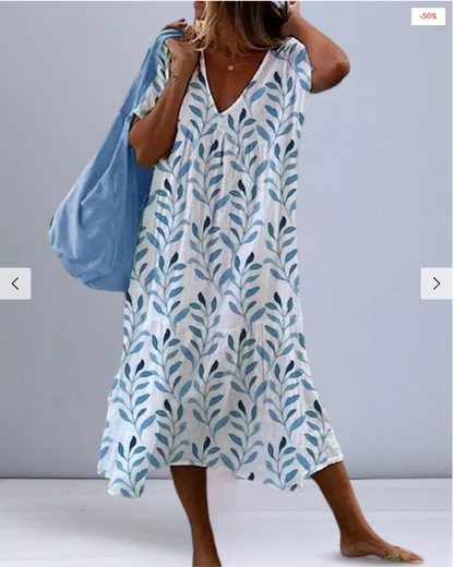 | Women's V-Neck Dress in Leaf Print