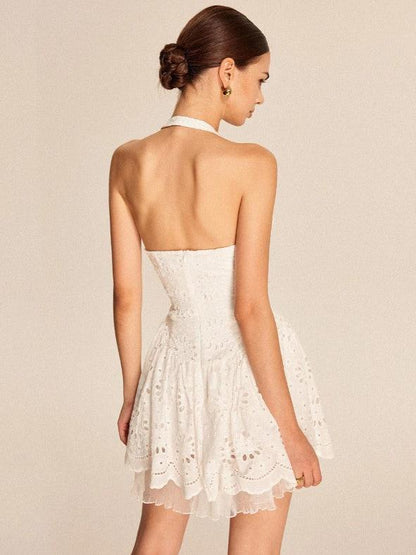 White Halterneck Chikan Short Flare Dress