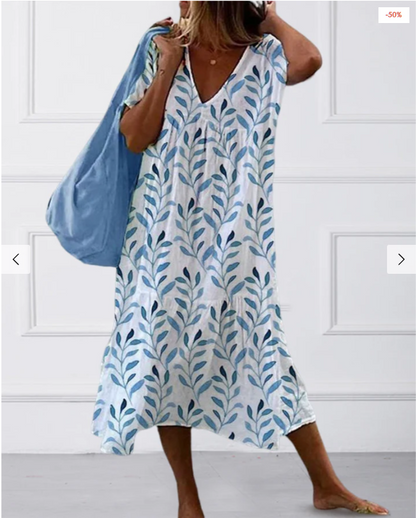 | Women's V-Neck Dress in Leaf Print