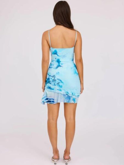 Asymmetric Ruched Tie Dye Print Short A Line Dress