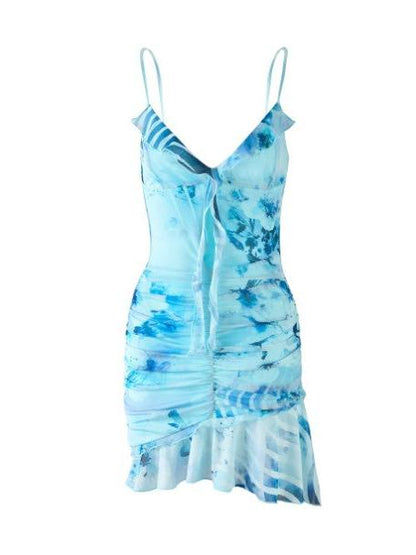 Asymmetric Ruched Tie Dye Print Short A Line Dress