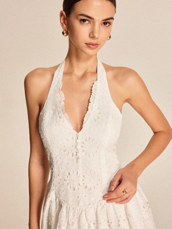 White Halterneck Chikan Short Flare Dress
