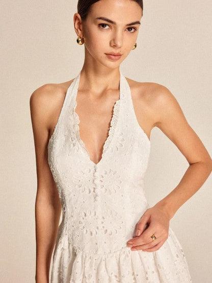 White Halterneck Chikan Short Flare Dress