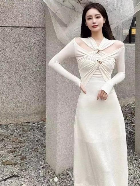 White Oblique Cutout Applique Maxi Dress