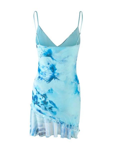 Asymmetric Ruched Tie Dye Print Short A Line Dress