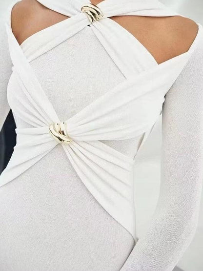 White Oblique Cutout Applique Maxi Dress