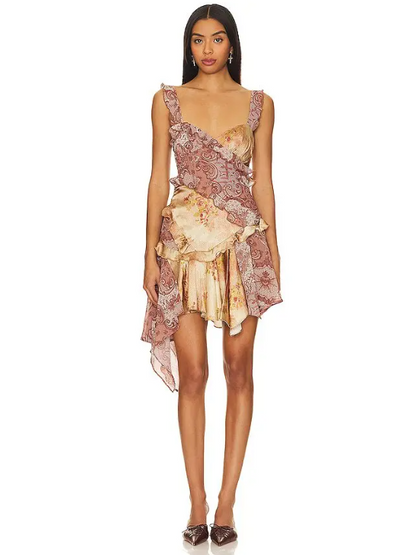 Asymmetric Floral Ruffle Print Short Dress