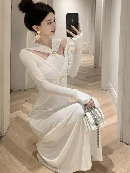 White Oblique Cutout Applique Maxi Dress