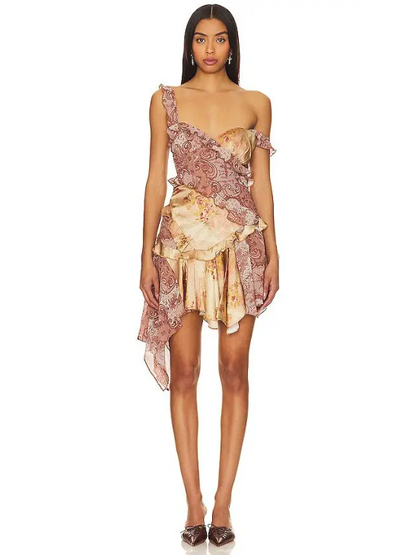 Asymmetric Floral Ruffle Print Short Dress