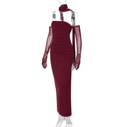 Strapless Ruched Waist Mesh Glove Bodycon Maxi Dress