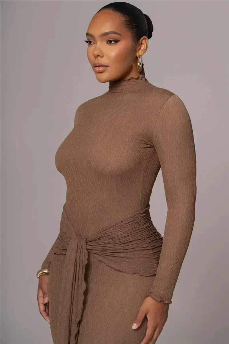 Mock Neck Long Sleeve Textured Knit Waist Tie Two Piece Set