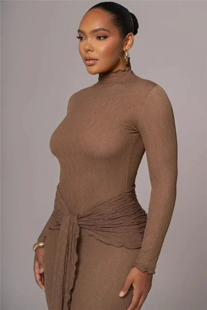 Mock Neck Long Sleeve Textured Knit Waist Tie Two Piece Set