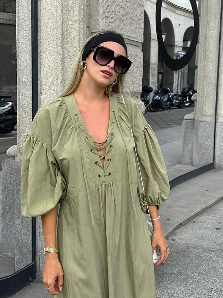 Casual Street Lace Up Long Dresses Women New Chic Loose V-neck Side Slit Solid Dress Female Summer Versatiel Street Party Robes
