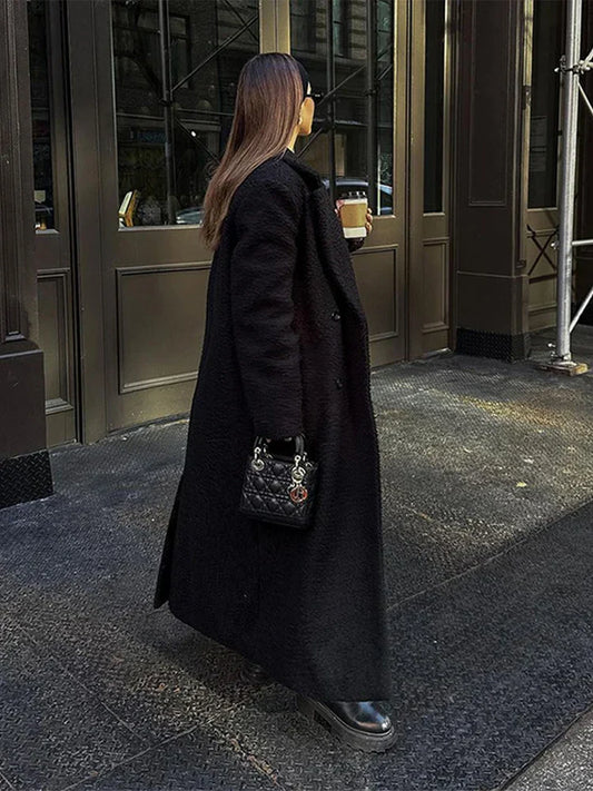 Thicken Warm Outwear Women Furry Double Breasted Loose Turn-down Collar Casual Long Coat Female Winter Chic Jackets