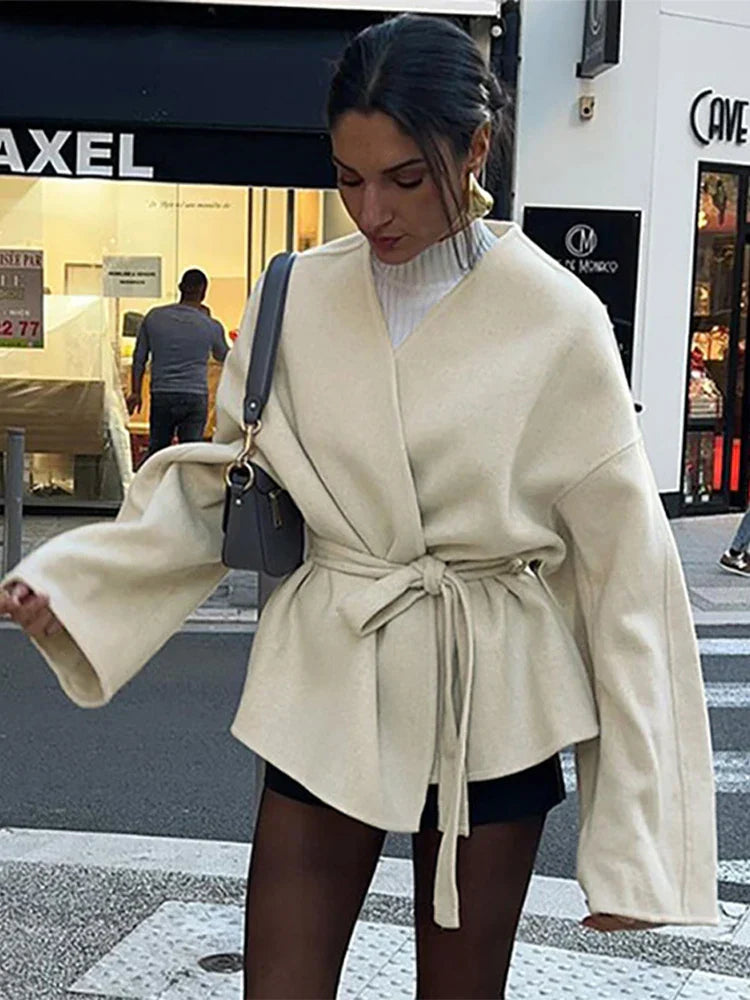 Elegant Lace Up Coat For Women V-neck Long Sleeve Slim Jacket Cardigan 2025 Autumn Winter Lady Streetwear Outwear New In Coats