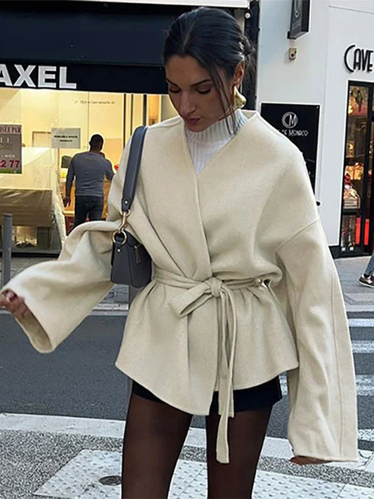 Elegant Lace Up Coat For Women V-neck Long Sleeve Slim Jacket Cardigan 2025 Autumn Winter Lady Streetwear Outwear New In Coats