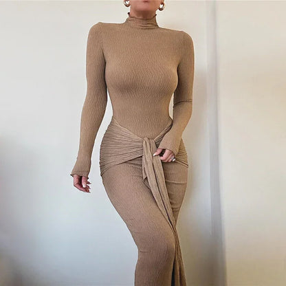 Mock Neck Long Sleeve Textured Knit Waist Tie Two Piece Set