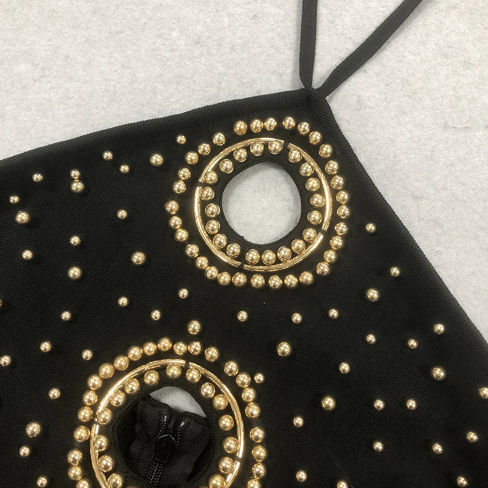 Halter Ring Cut Out Studded Thigh Slit Backless Maxi Gown