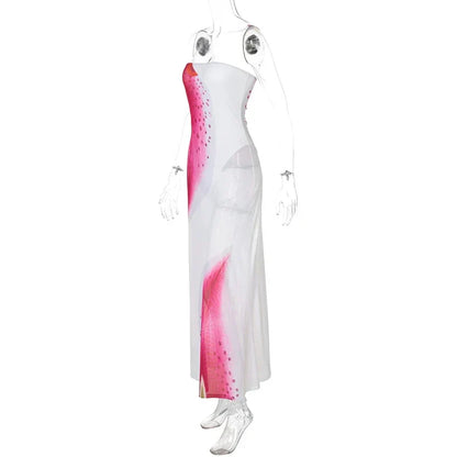 Strapless Mesh Overlay Abstract Graphic Print Bodycon Maxi Dress