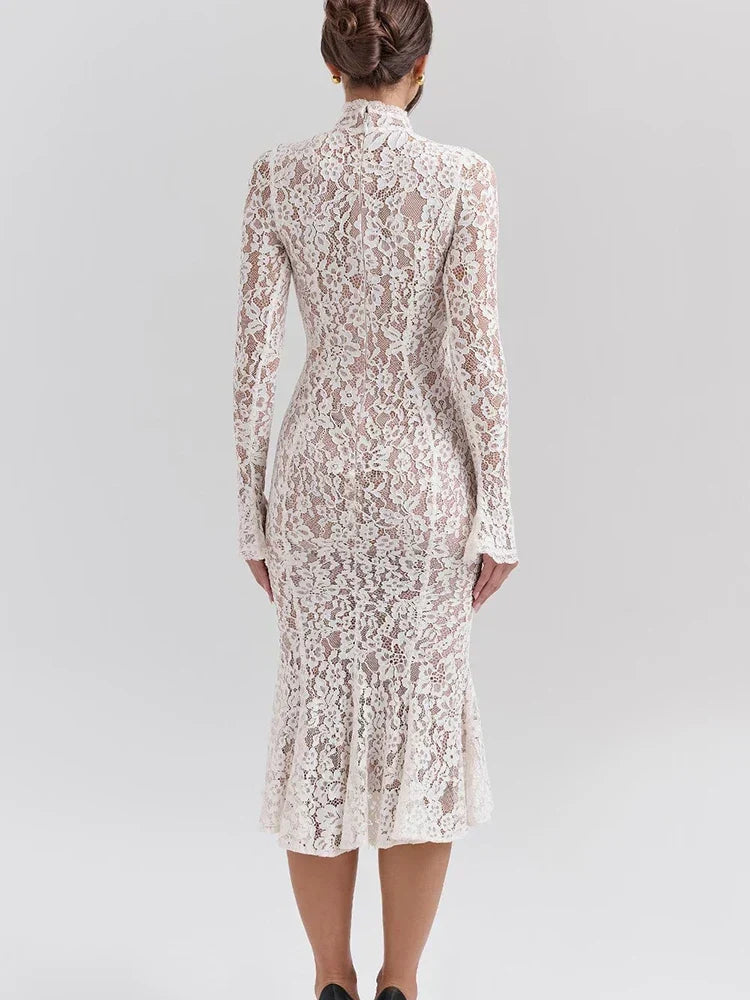 Floral Lace Mock Neck Long Sleeve Trumpet Hem Midi Dress