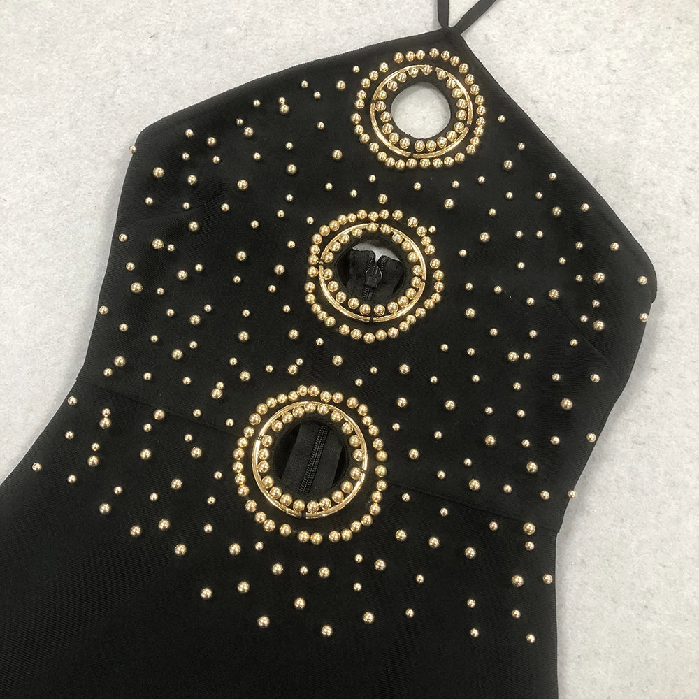 Halter Ring Cut Out Studded Thigh Slit Backless Maxi Gown