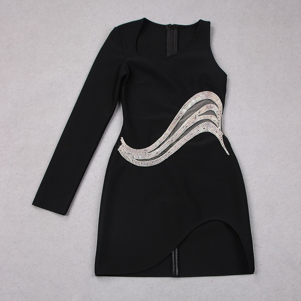 One Shoulder Single Sleeve Crystal Wave Cutout Mesh Insert High Slit Mini Dress