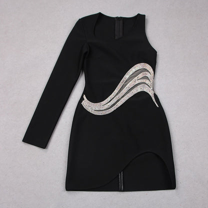 One Shoulder Single Sleeve Crystal Wave Cutout Mesh Insert High Slit Mini Dress