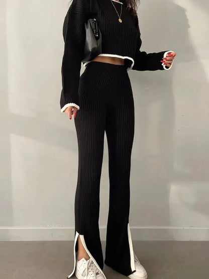 Black - Knitted Sweater Wide-Leg Pants Two Piece Set