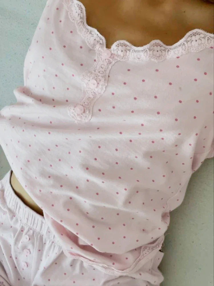 Pink PJs Polka Dot Lace Trim Button Detail Camis Micro Shorts Two Pieces Set