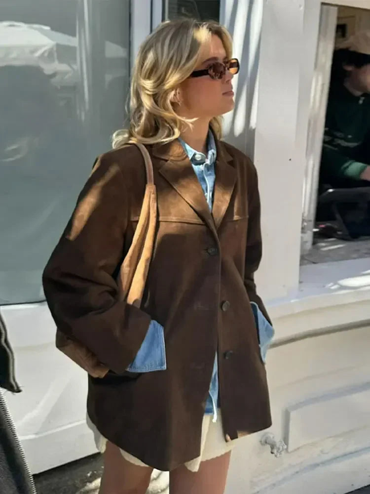 Woman Fashion Brown Lapel With Pocket Jacket Vintage Single Breasted Long Sleeve Short Coat Autumn Lady High Street Outerwear