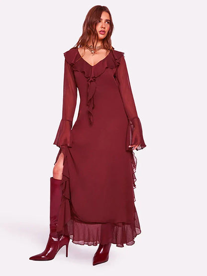 Ruffle Trim Flare Sleeve Deep V Neck Maxi Dress
