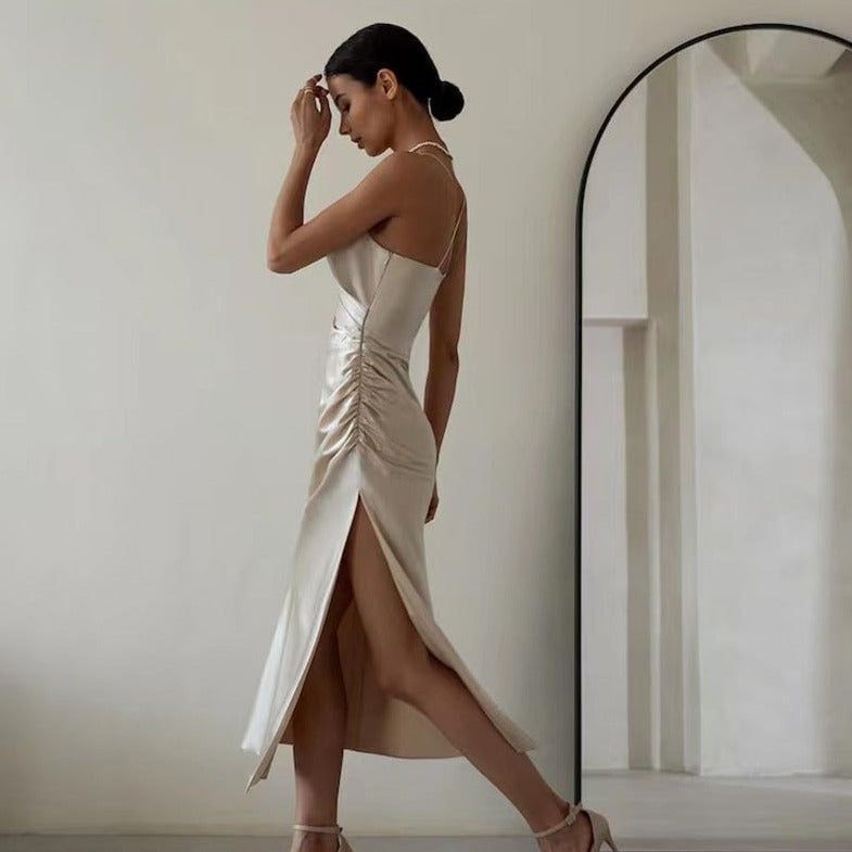 Satin Spaghetti Strap Draped Wrap Ruched Side Slit Midi Dress