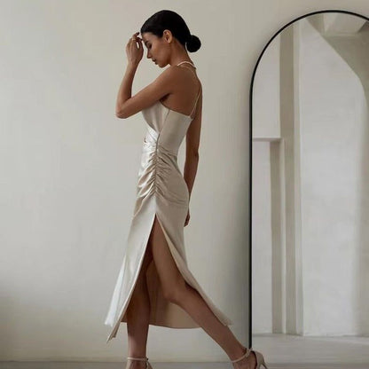 Satin Spaghetti Strap Draped Wrap Ruched Side Slit Midi Dress