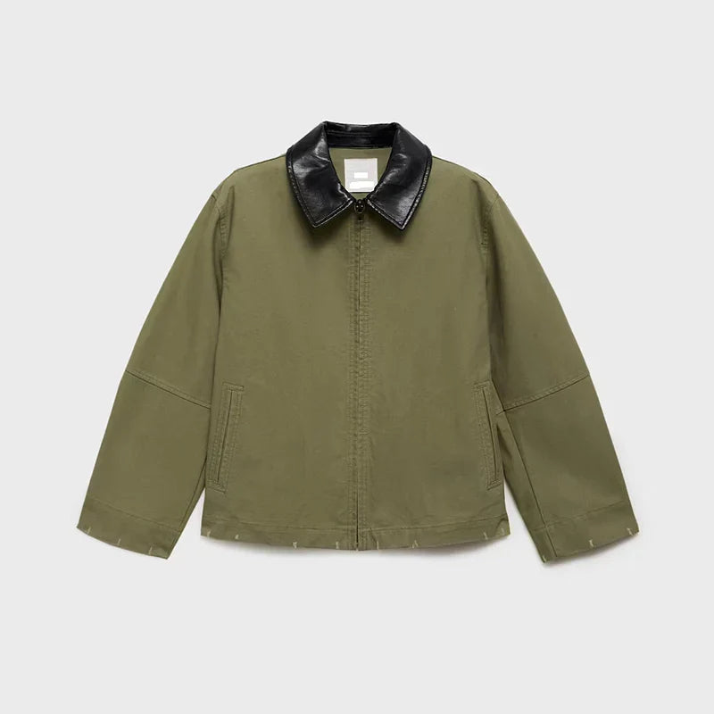 Leather Collar Cargo Jacket Coat Color Patchwork Lapel Button Zipper Pocket Workwear Outwear Loose Casual Minimalist Outwear Top
