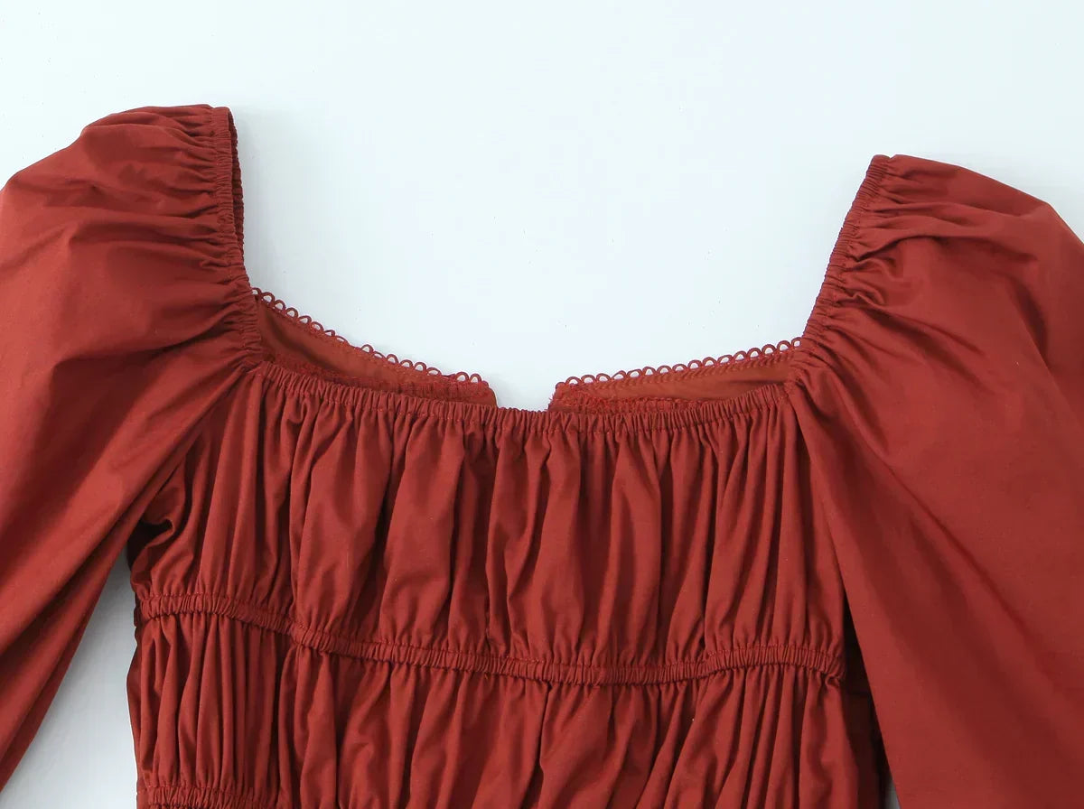 Square Neck Bow Tie Puff Sleeve Smocked Waist Mini Dress