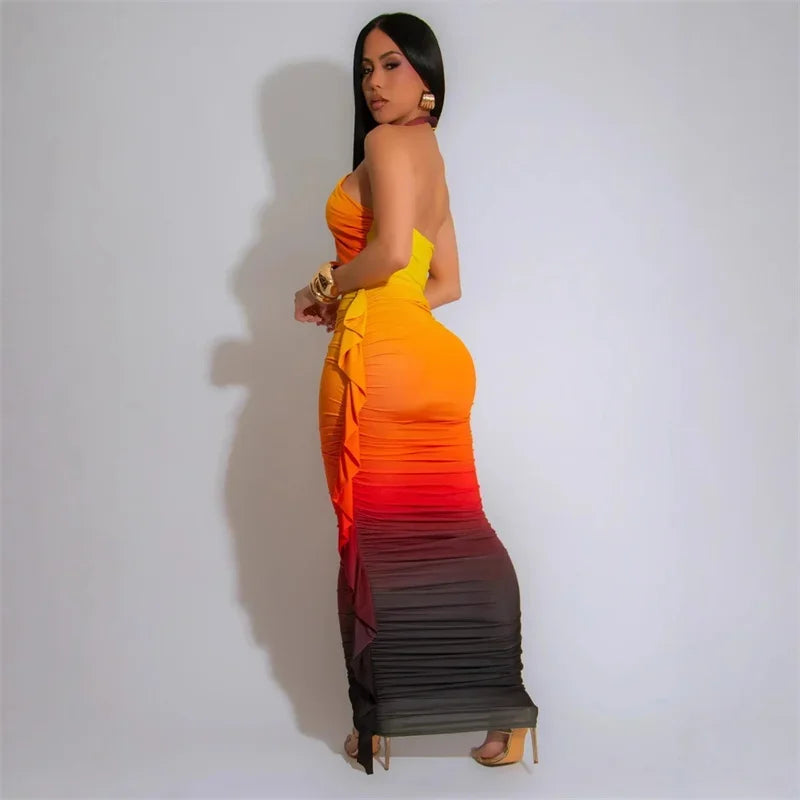 Gradient Halter Crop Top Ruffles Three Piece Swim Sets