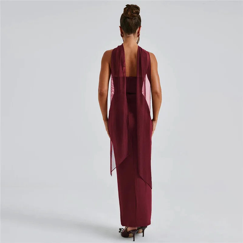 Strapless Ruched Waist Mesh Glove Bodycon Maxi Dress
