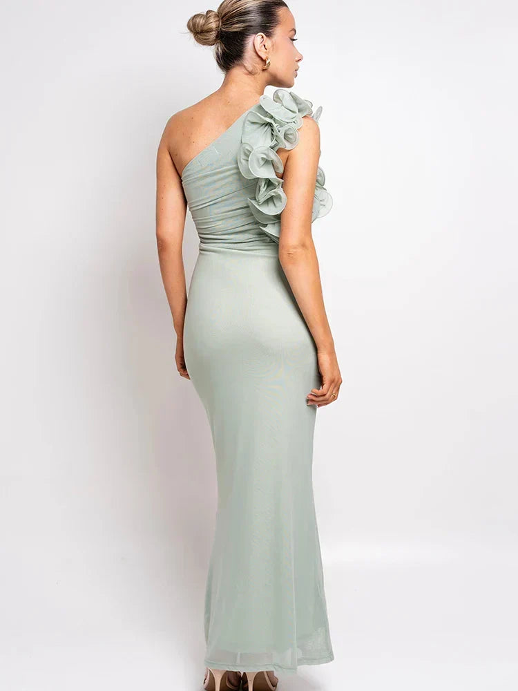 One-Shoulder Floral Ruffle Strap Ruched Side Cutout Mermaid Maxi Dress